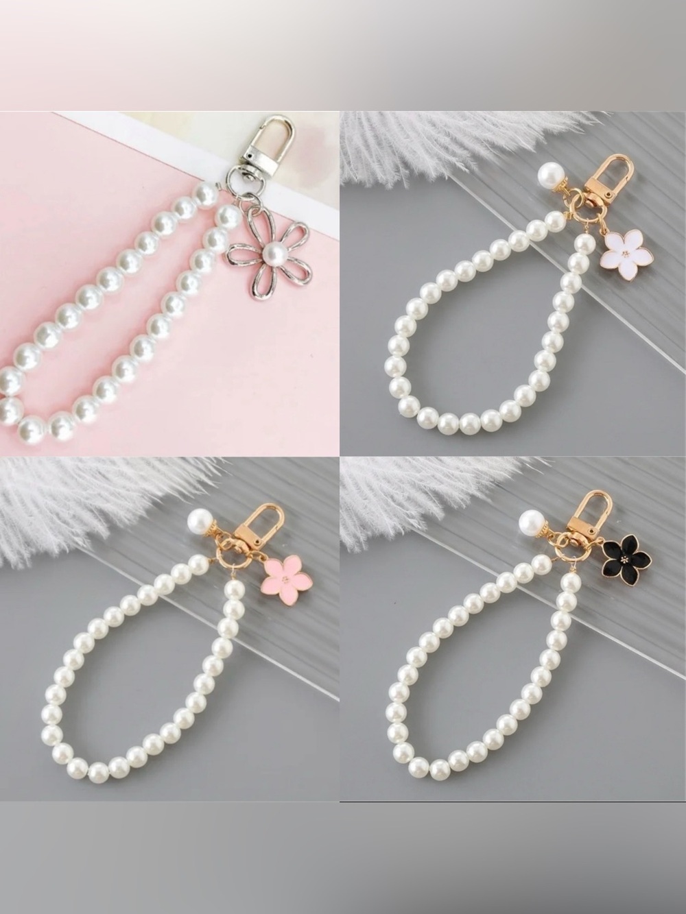Pearl Beaded Keychain Wristlet with Flower Charm